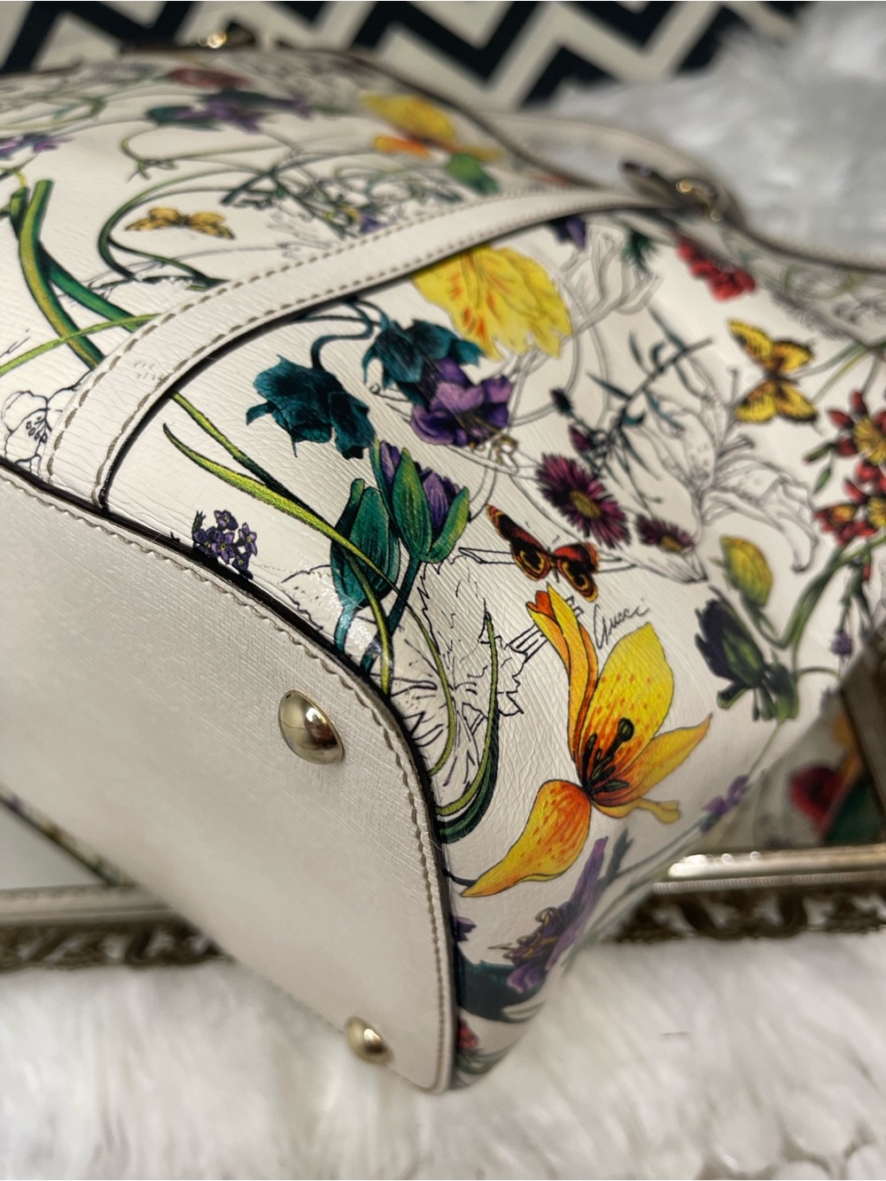 G-VGUC 2013 Gucci Flora Nice Medium Shoulder Tote Bag White Canvas Leather, GHW - Picture 8 of 16
